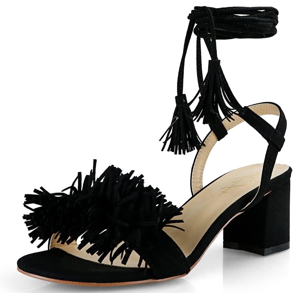 Women High Heels Lace Up Shoes Open Round Toe Tassel Chunky Ankle Straps Sandals